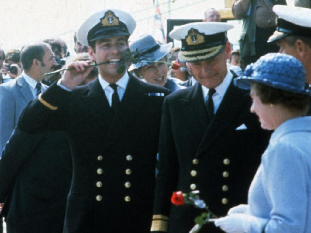 The Queen greeting Prince Andrew after he returned from the Falklands War on September 17, 1982 in Portsmouth, England. Picture: Anwar Hussein/Getty Images.