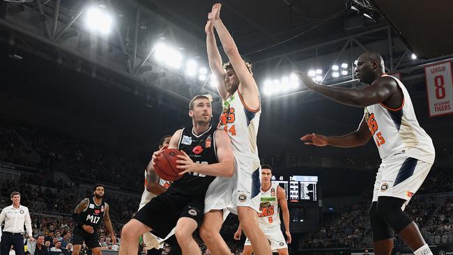 MELBOURNE, AUSTRALIA — NOVEMBER 11: Mitch McCarron of United drives to the basket during the round five NBL match between Melbourne United and the Cairns Taipans at Hisense Arena on November 11, 2018 in Melbourne, Australia. (Photo by Quinn Rooney/Getty Images)