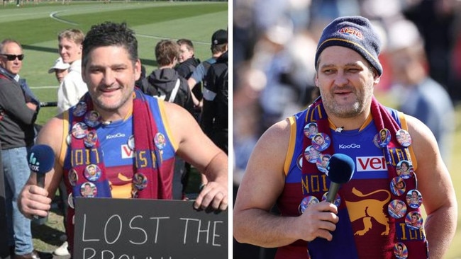 Brendan Fevola trolls Pies fans at Collingwood training. Photos: News Corp and Getty Images