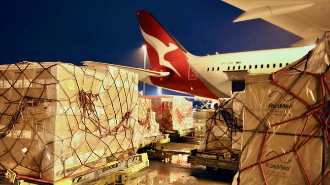 Supplies for India being loaded on planes overnight taking off from Mascot, Sydney this morning, May 5th 2021. Supplied