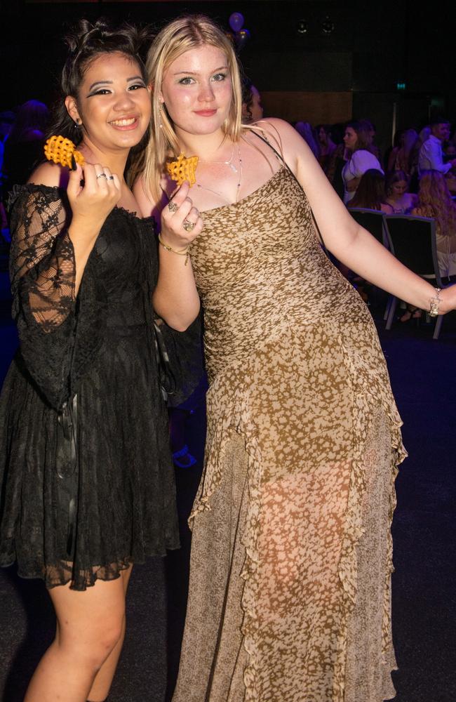 Jenell Gorrion from Mackay North State High School and Kansy Blucher from St Patrick's College at the 2022 year Mocktail Dance Party. Picture: Michaela Harlow