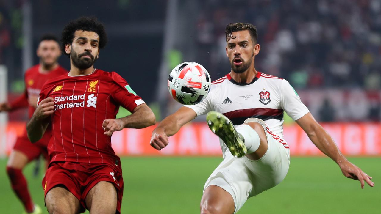 Pablo Mari defends against Mohamed Salah of Liverpool. Photo by Francois Nel/Getty Images.