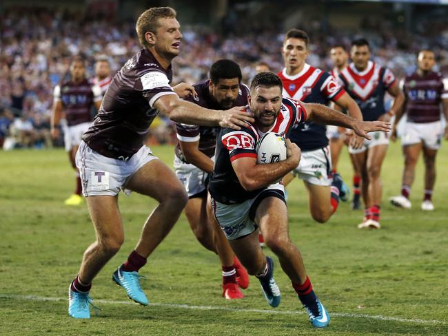 James Tedesco scores a try during the pre-season clash with Manly. Picture: AAP