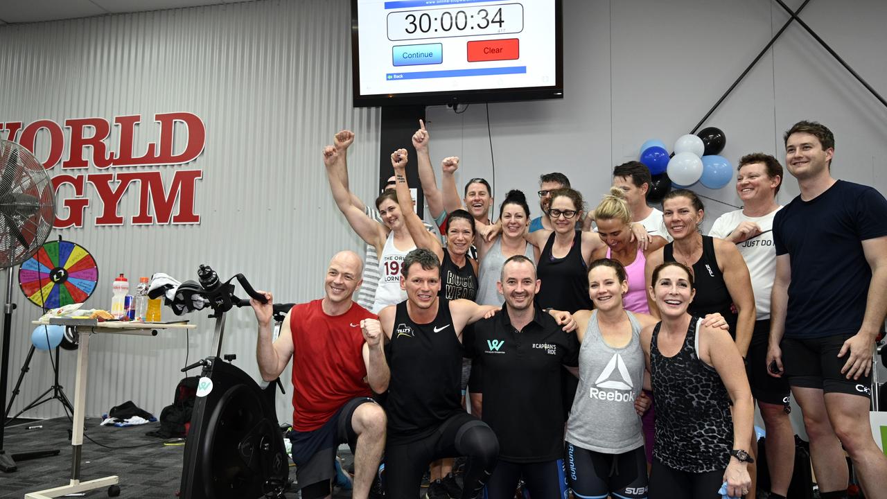 World Gym Toowoomba trainer Michael Aspinall and 16 riders set the Guinness World Record for the Longest Static Spin Class at World Gym. All riders finished the 30 hours. October 2019. Picture: Bev Lacey