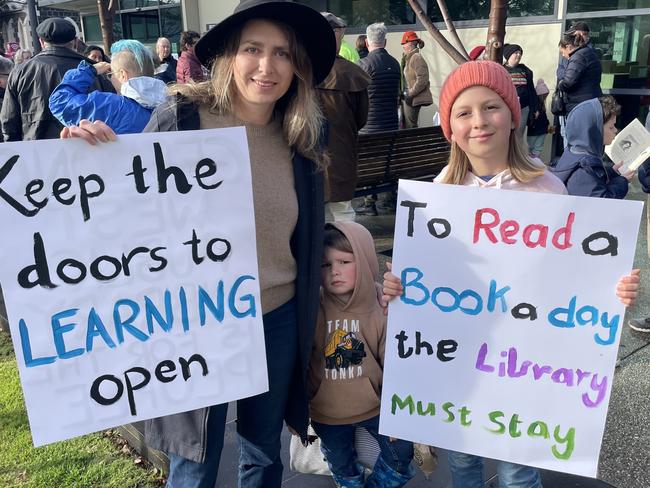 Geelong West mum Kristen with kids Hailey, 9, and Parker, 3, at the Geelong West library rally.