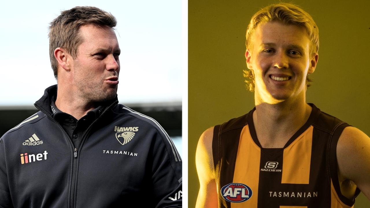 Sam Mitchell wasted no time to dish out a cheeky sledge to new Hawks draftee Cameron Mackenzie.