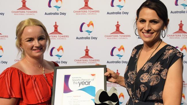 Charters Towers Regional Council 2020 Australia Day Sports Person of the Year Award recipient Kayla Russell and Deputy Mayor Sonia Bennetto. Picture: SUPPLIED