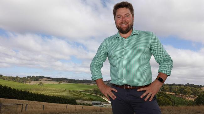 The Lane Vineyard CEO Jared Stringer looks across the Lane Vineyard to Mount Lofty and vines where the Luxury Lodge Group plan to build 20 luxury accommodations dwellings on the winery. Picture Emma Brasier