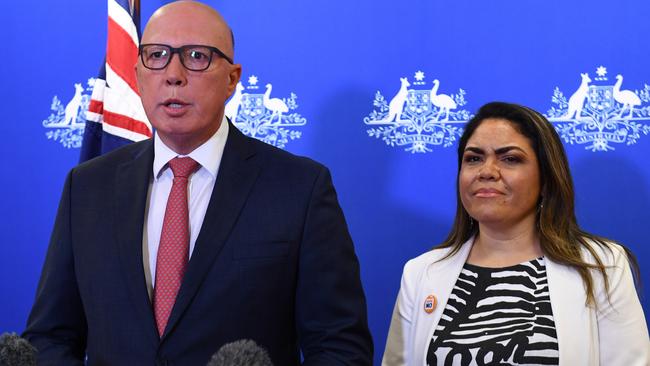 Opposition Leader Peter Dutton and Shadow Minister for Indigenous Australians Senator Jacinta Price address the media in Brisbane.