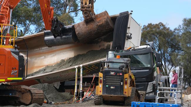 A driver became trapped with a tip truck rolled at a development site at Mt Barker. Picture: Dean Martin