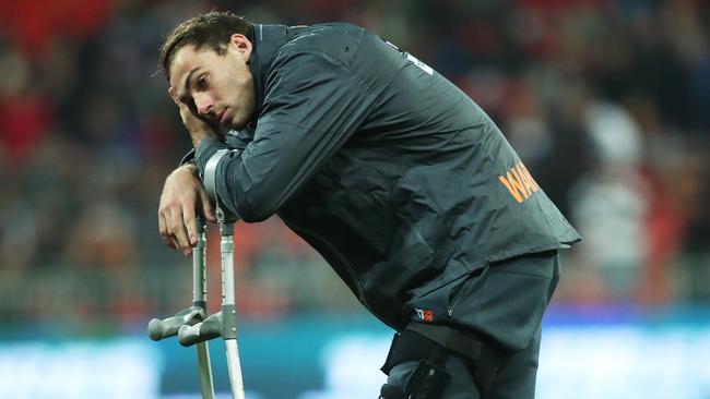 Jeremy Finlayson after suffering a knee injury on debut for GWS. Picture Phil Hillyard