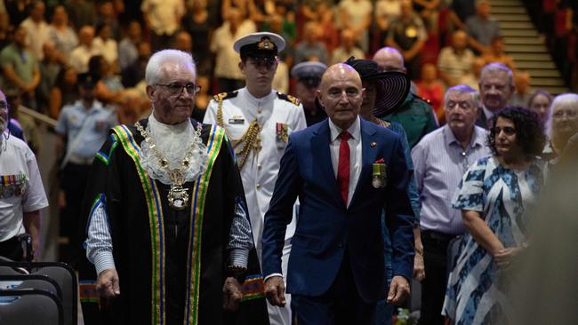 Lord Mayor of Darwin the Hon. Kon Vatskalis and His Honour Professor the Honourable Hugh Heggie AO PSM the Top End community gathered at the Darwin Convention Centre to commemorate the Bombing of Darwin. Picture: Pema Tamang Pakhrin