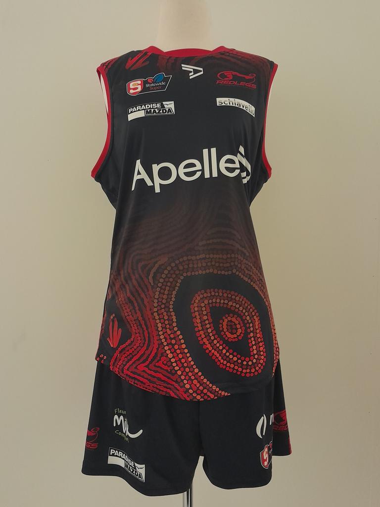 Indigenous Round Guernsey, 2021. Designed by Joanne Ken, the mother of midfielder Dom Barry, to celebrate their Pitjantjatjara-Yankunytjatjara heritage. The guernsey features the Kanpi Rockhole, Kalaya (emu), and Ngampu (emu eggs) for the Kanpi area and Malu (kangaroo footprints). Norwood footy fans have until the end of the month to soak up a fascinating display of historic memorabilia. Image: Jacquelyne Ladner