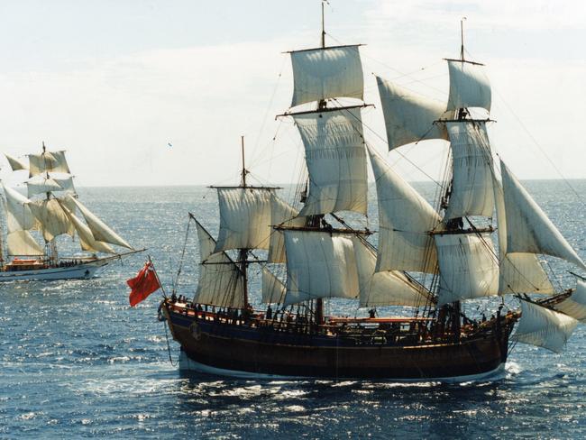 The Endeavour a replica of Captain James Cook's 18th century ship (front) sailing in SA waters with the sail training vessel "One and All", Oct 1994. (Pic by unidentified staff photographer)