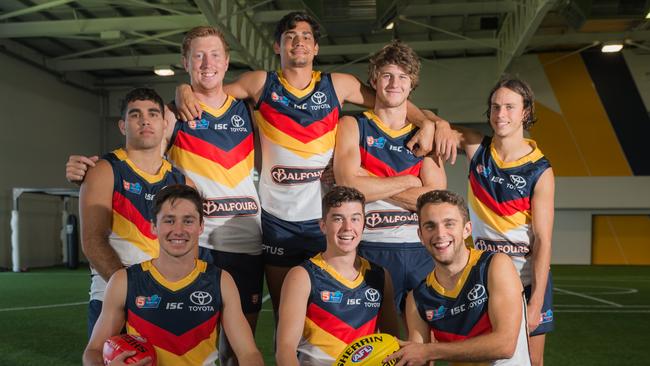 Adelaide, AUSTRALIA, June 13, 2019: Adelaide Crows draftees at the training facility in West Lakes. Left to right; Back: Tyson Stengle, Kieran Strachan, Shane McAdam, Jordan Butts, Will Hamill; Front: Chayce Jones, Ned McHenry, Lachlan Sholl.  Pic by Alex Aleshin