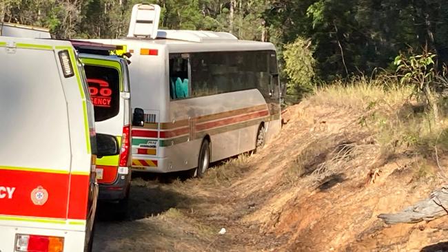 The crash scene. School children evacuated the bus after breaking windows as the door was too damaged to open. Picture: Scott Kovacevic/Gympie Times