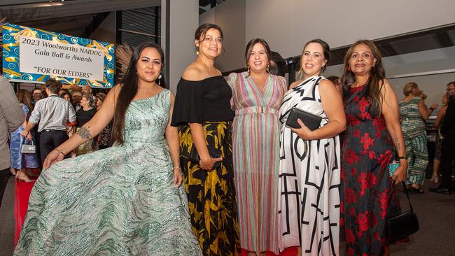 Shaneen Tilmouth, April Briskin, Cindell Cray, Emily Bonson and Natasha O’Connell put on their fancy dresses for the NAIDOC ball. Picture: Pema Tamang Pakhrin