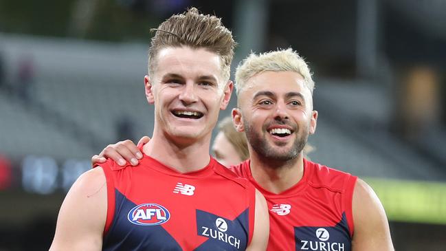 AFL Round 4.   11/04/2021. Melbourne vs Geelong at the MCG, Melbourne.  Bailey Fritsch and Christian Salem of the Demons after todays win    . Pic: Michael Klein