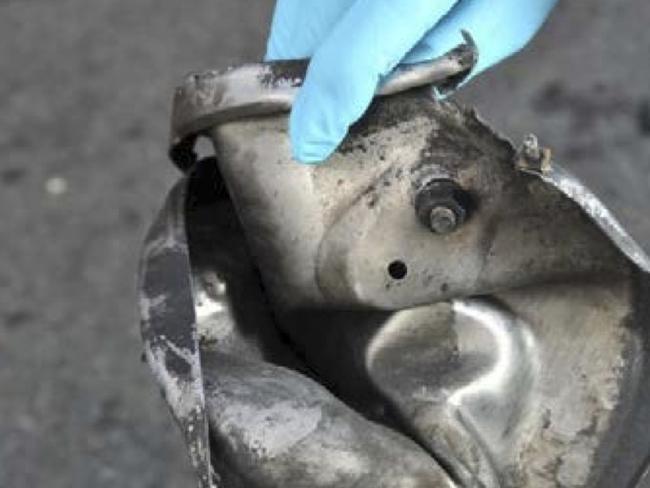 The remains of a pressure cooker that the FBI says was part of one of the bombs that exploded during the Boston Marathon. Photo: AP