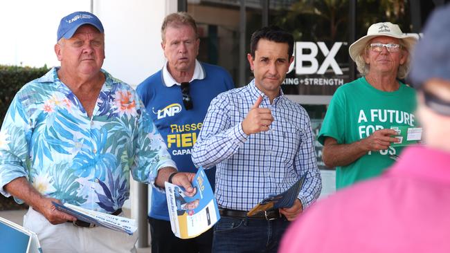 Leader of the LNP David Crisafulli with Russell Field LNP candidate for Capalaba pictured at a Pre-Polling at the Capalaba Central Shopping Centre Picture Liam Kidston