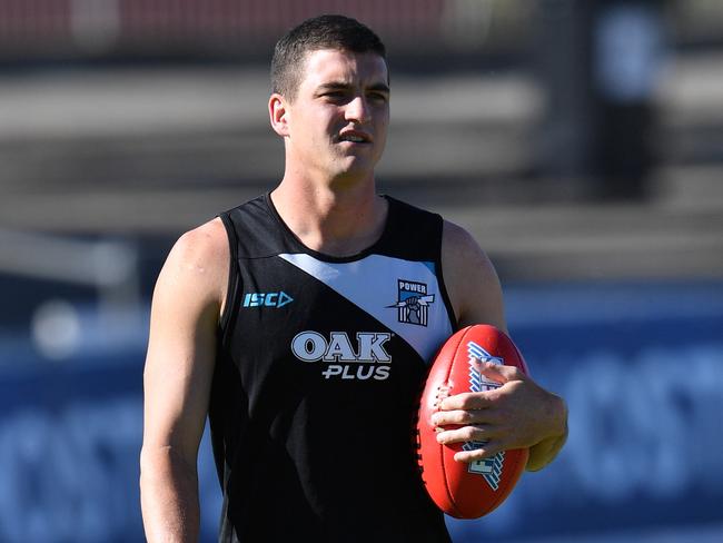 Tom Rockliff from Port Adelaide Power is seen during a training session at Alberton Oval, Alberton in Adelaide, Friday, March 9, 2018. (AAP Image/David Mariuz) NO ARCHIVING