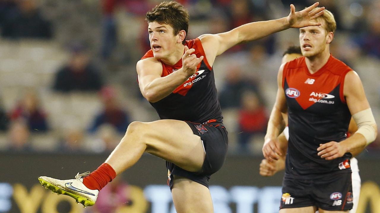 AFL Round 8. Melbourne vs Western Bulldogs at the MCG. Angus Brayshaw drives the demons forward last qtr . Pic: Michael Klein. Sunday May 24, 2015.