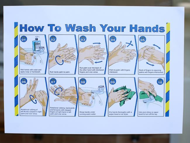 A hand washing sign at Allambie Heights Village aged care facility. Picture: Nikki Short