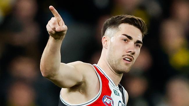 MELBOURNE, AUSTRALIA – AUGUST 13: Jade Gresham of the Saints celebrates a goal during the 2023 AFL Round 22 match between the St Kilda Saints and the Richmond Tigers at University of Tasmania Stadium on August 13, 2023 in Melbourne, Australia. (Photo by Dylan Burns/AFL Photos via Getty Images)