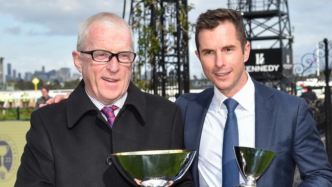 Mick Price and Michael Kent jnr  after winning  the PFD Food Services Makybe Diva Stakes at Flemington Racecourse on September 10, 2022 in Flemington, Australia. (Photo by Brett Holburt/Racing Photos via Getty Images)