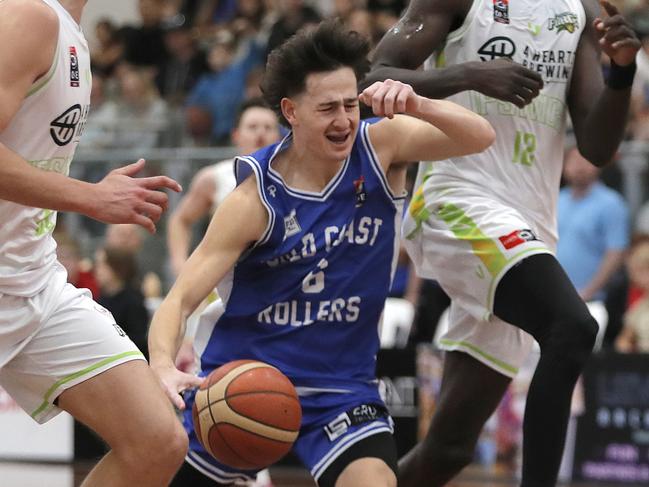 Preston Le Gassick of Gold Coast Rollers on the attack against Ipswich Force during Game 3 decider of the NBL1 North Grand Final Series played at the Carrara Indoor stadium, Gold Coast, Sunday, August 6, 2023. Photo: Regi Varghese