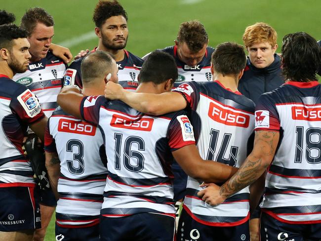 Super Rugby : Melbourne Rebels V Auckland Blues at AAMI Park, 23rd February, Melbourne Australia. Melbourne Rebels get together after the loss. Picture : George Salpigtidis