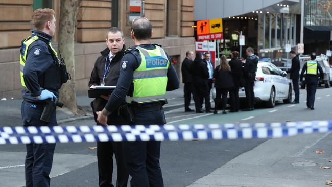 Police were called to Market Street in Melbourne's CBD following a stabbing. Picture: David Crosling