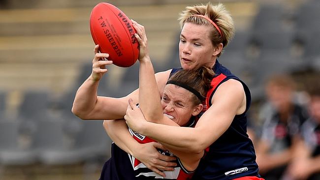 VFL women's footy: Darebin V Diamond Creek. No 11 Kate Tyndall for Darebin. No 27 Jessica Cameron for Diamond Creek. Picture: David Smith