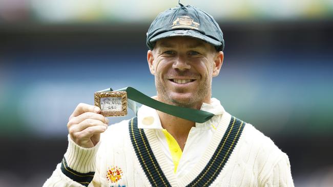 David Warner of Australia holds the Mullagh Medal after being awarded player of the match at the MCG. (Photo by Daniel Pockett/Getty Images)