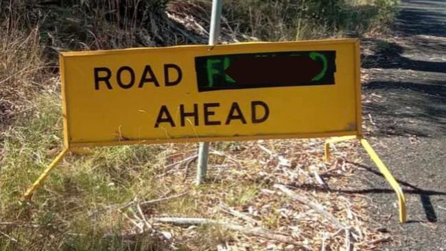 Road F-----d Ahead sign on Curra Estate Rd which was voted the worst road in Wide Bay Burnett by Facebook users.