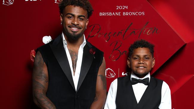 BRISBANE, AUSTRALIA Thursday 10th October 2024 Brisbane Broncos presentation night red carpet arrivals - Ezra Mam and his nephew Javan Mam Picture David Clark