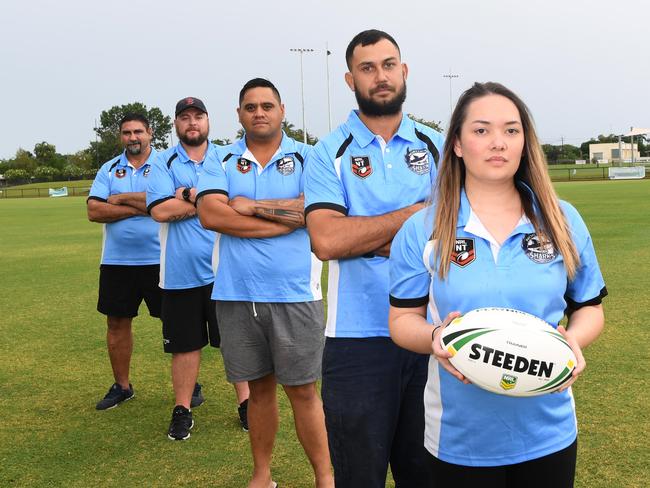 Northern Sharks coaches, from left: Grant Chong (reserve grade), Richard Hill (women’s team), PD Downes, (A-grade), Anthony Smith (assistant senior coach) and Kelsey Bussenschutt (women’s team). Picture Katrina Bridgeford