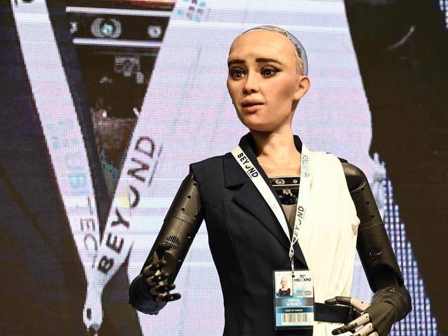 Artificial intelligence robot "Sophia" is presented during the international tech event BEYOND in April. Picture: AFP