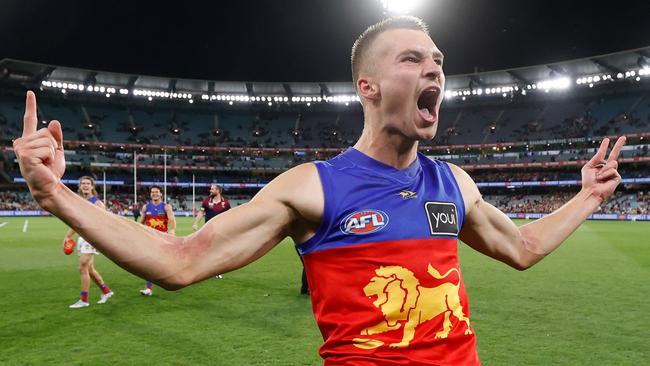 MELBOURNE, AUSTRALIA - SEPTEMBER 09: Darcy Wilmot of the Lions celebrates during the 2022 AFL Second Semi Final match between the Melbourne Demons and the Brisbane Lions at the Melbourne Cricket Ground on September 9, 2022 in Melbourne, Australia. (Photo by Michael Willson/AFL Photos via Getty Images)