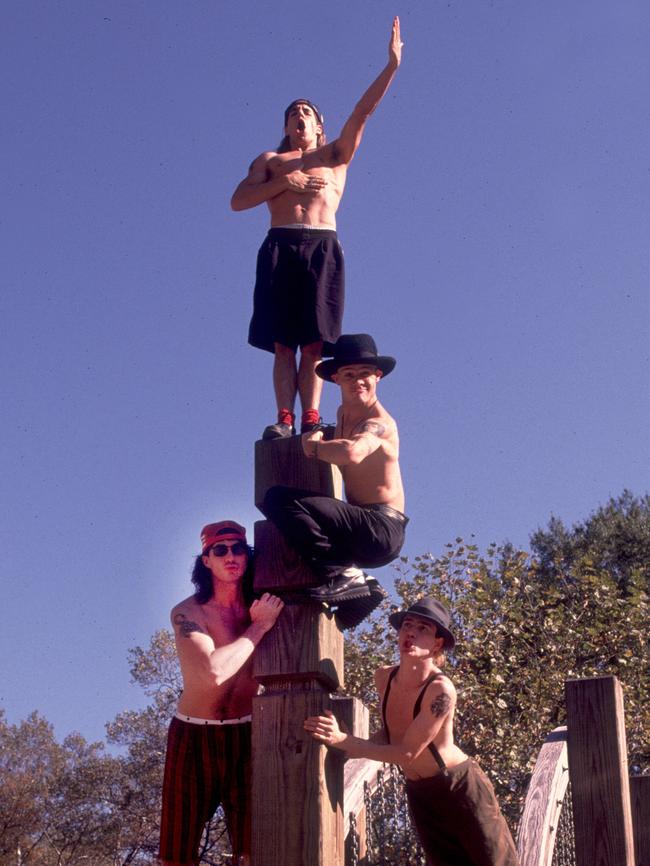 Anthony Kiedis, top, John Frusciante, Chad Smith, and Flea in New York’s Central Park in 1989. Picture: Getty Images