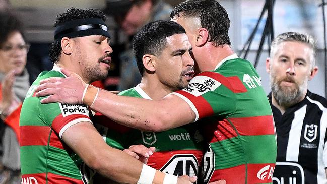 BRISBANE, AUSTRALIA - JULY 11: JacobÃÂ Gagai (L) of the Rabbitohs celebrates with team mates after scoring a try during the round 19 NRL match between Dolphins and South Sydney Rabbitohs at Kayo Stadium, on July 11, 2024, in Brisbane, Australia. (Photo by Bradley Kanaris/Getty Images)