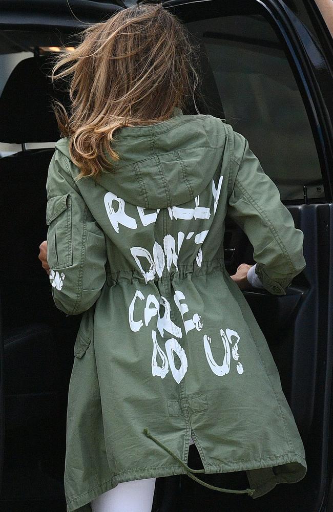 Melania Trump in that questionable Zara jacket. Picture: Mandel Ngan/AFP