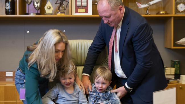 Barnaby Joyce, Vikki Campion and their children, Sebastian and Thomas in his office at Parliament House. Picture: NCA NewsWire / Martin Ollman