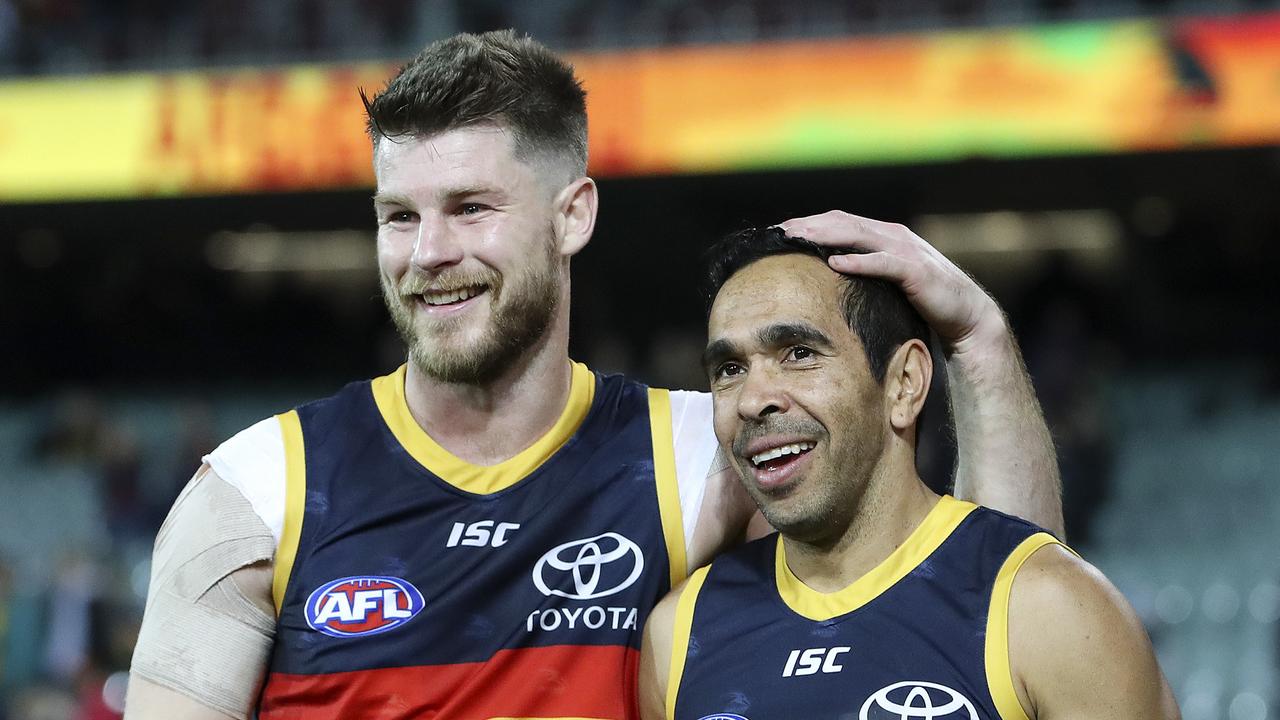 Bryce Gibbs and Eddie Betts after the win. Picture SARAH REED