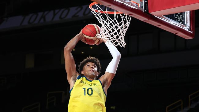 Matisse Thybulle dunks against Nigeria in Tokyo. Picture: Adam Head