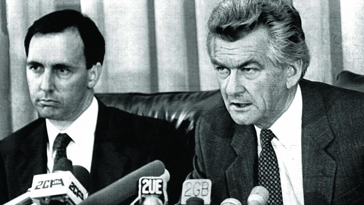 Paul Keating and Bob Hawke during a press conference at Parliament House in 1983.