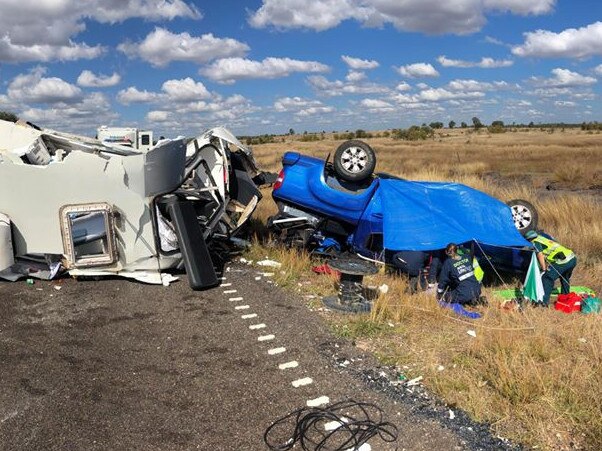 Two people were flown to Townsville University Hospital following a ute and caravan rollover near Belyando Crossing. Photo: Supplied