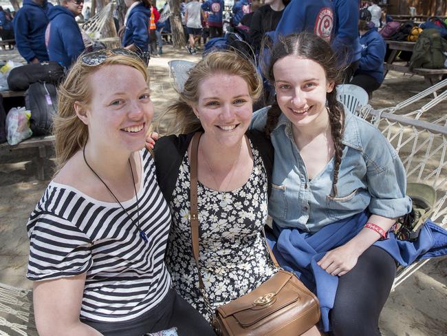 Proud Australians Jackie Harley, 22, from Victoria, Martika Finnemore, 24, from Brisbane and Ciara O’Brien, 22, from Canberra at Mimosa Park on the Gallipoli peninsula. Picture: Ella Pellegrini