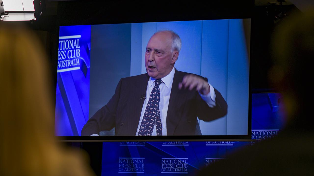 Paul Keating at Wednesday’s National Press Club address, in which he savaged Prime Minister Anthony Albanese, Defence Minister Richard Marles and Foreign Affairs Minister Penny Wong. Picture: NCA NewsWire / Martin Ollman