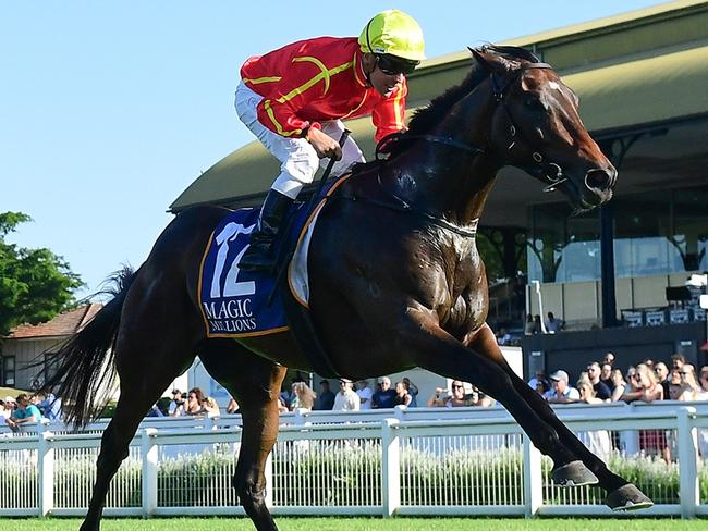 Transatlantic dominates his rivals in The Buffering for trainer Tony Gollan and jockey Ryan Maloney. Picture: Grant Peters - Trackside Photography.